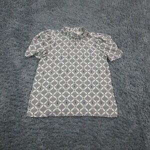 LOFT Blouse Womens Small White Geometric Mock Neck Short Sleeve Shirt NWT